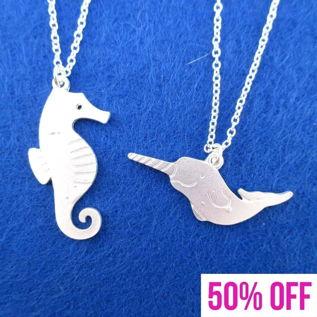 Sea Creatures Themed Seahorse and Narwhal 2 Piece Necklace Set in Silver