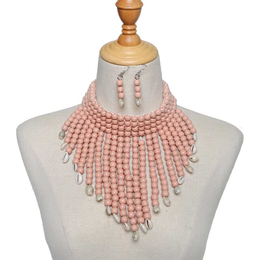 Seashell and Wooden Bead Collarbone Necklace Set, Ethnic Amazon Source, Savanna Rhythms Collection