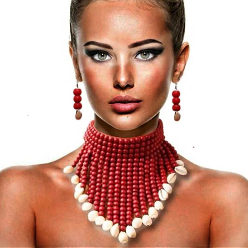 Seashell and Wooden Bead Collarbone Necklace Set, Ethnic Amazon Source, Savanna Rhythms Collection