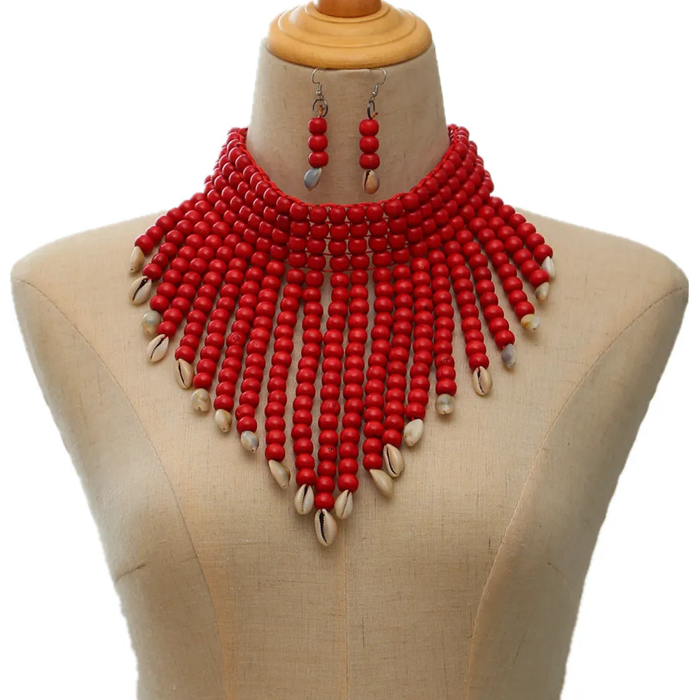 Seashell and Wooden Bead Collarbone Necklace Set, Ethnic Amazon Source, Savanna Rhythms Collection