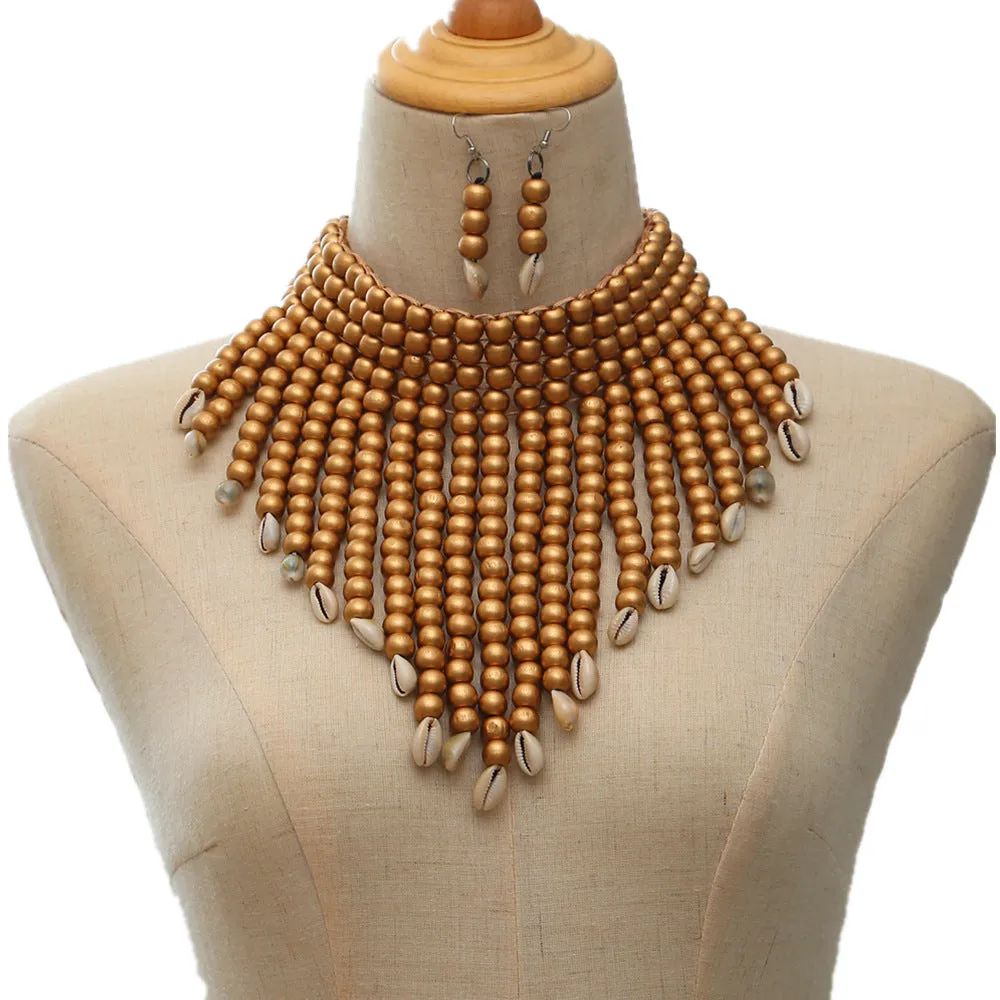 Seashell and Wooden Bead Collarbone Necklace Set, Ethnic Amazon Source, Savanna Rhythms Collection