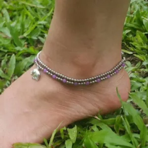 Silver Beads Anklet with Elephant Charm in Purple