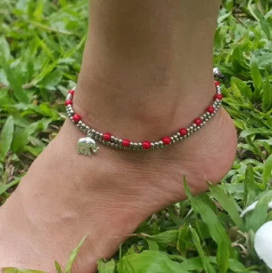 Silver Beads Anklet with Elephant Charm in Red