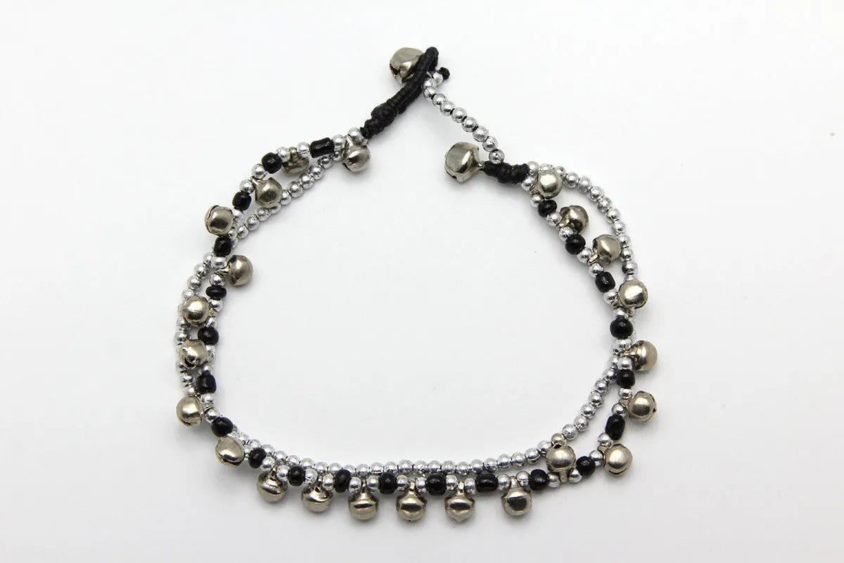 Silver Beads Anklet with Silver Bells in Black