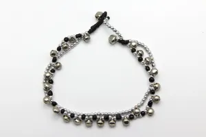 Silver Beads Anklet with Silver Bells in Black