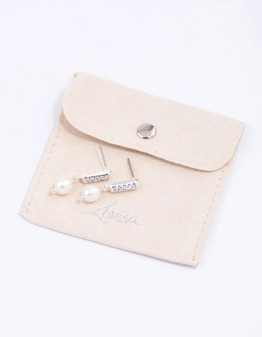 Silver Diamante Mini Pearl Drop Earrings & Polishing Set