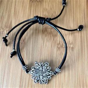 Silver Flower Black Leather Adjustable Bracelet