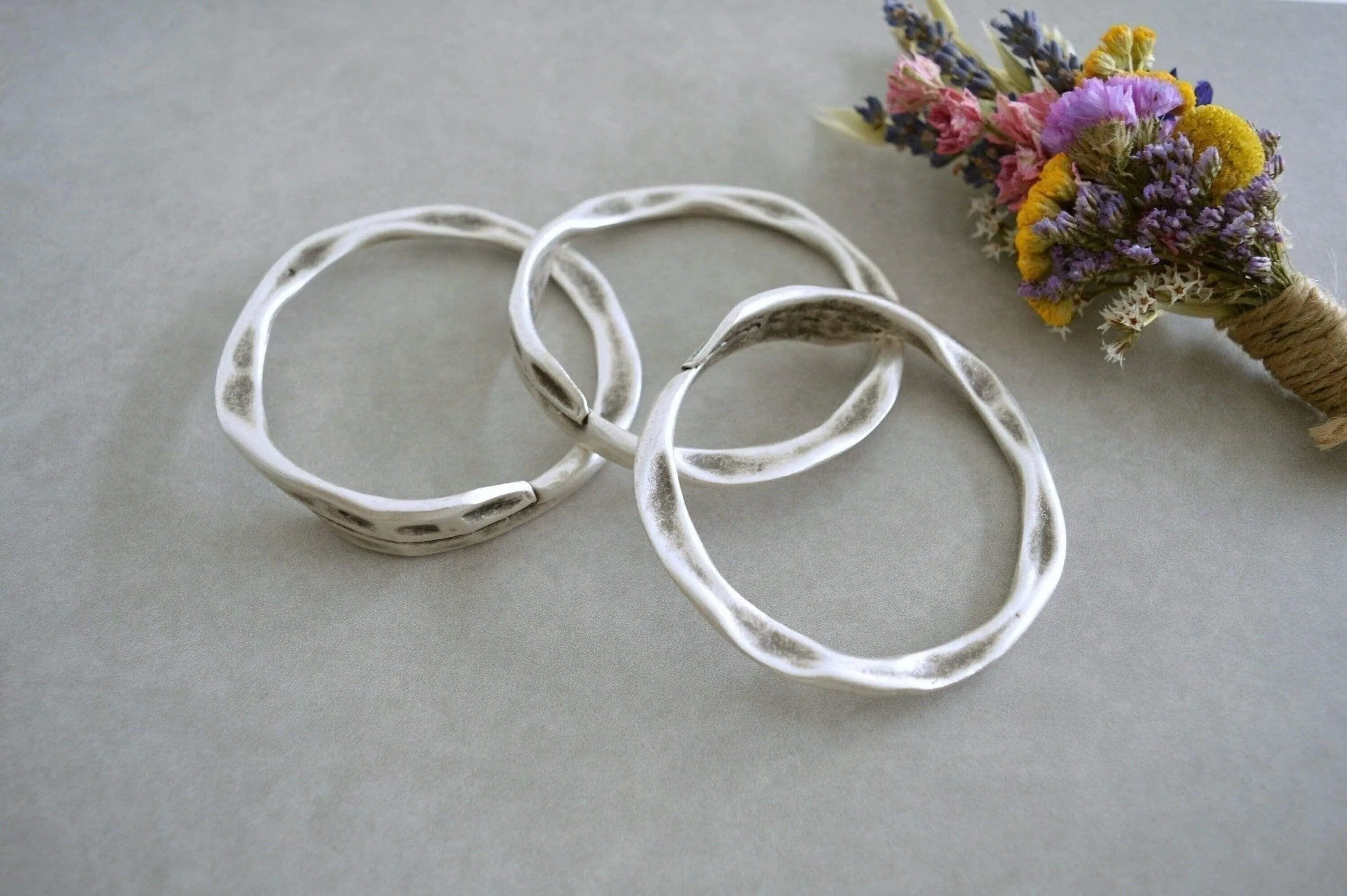 Silver Thick Round Hammered Bangle