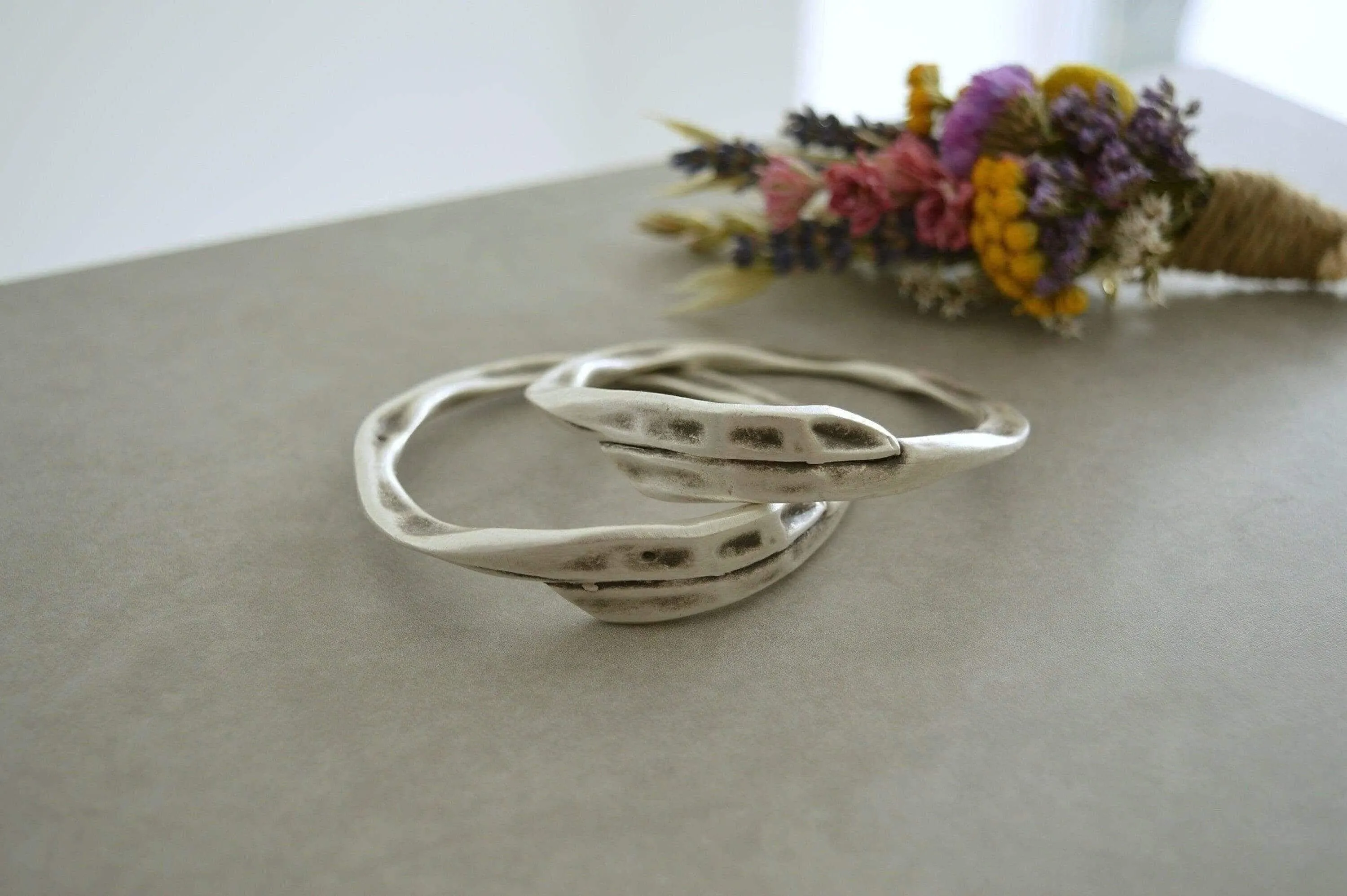 Silver Thick Round Hammered Bangle