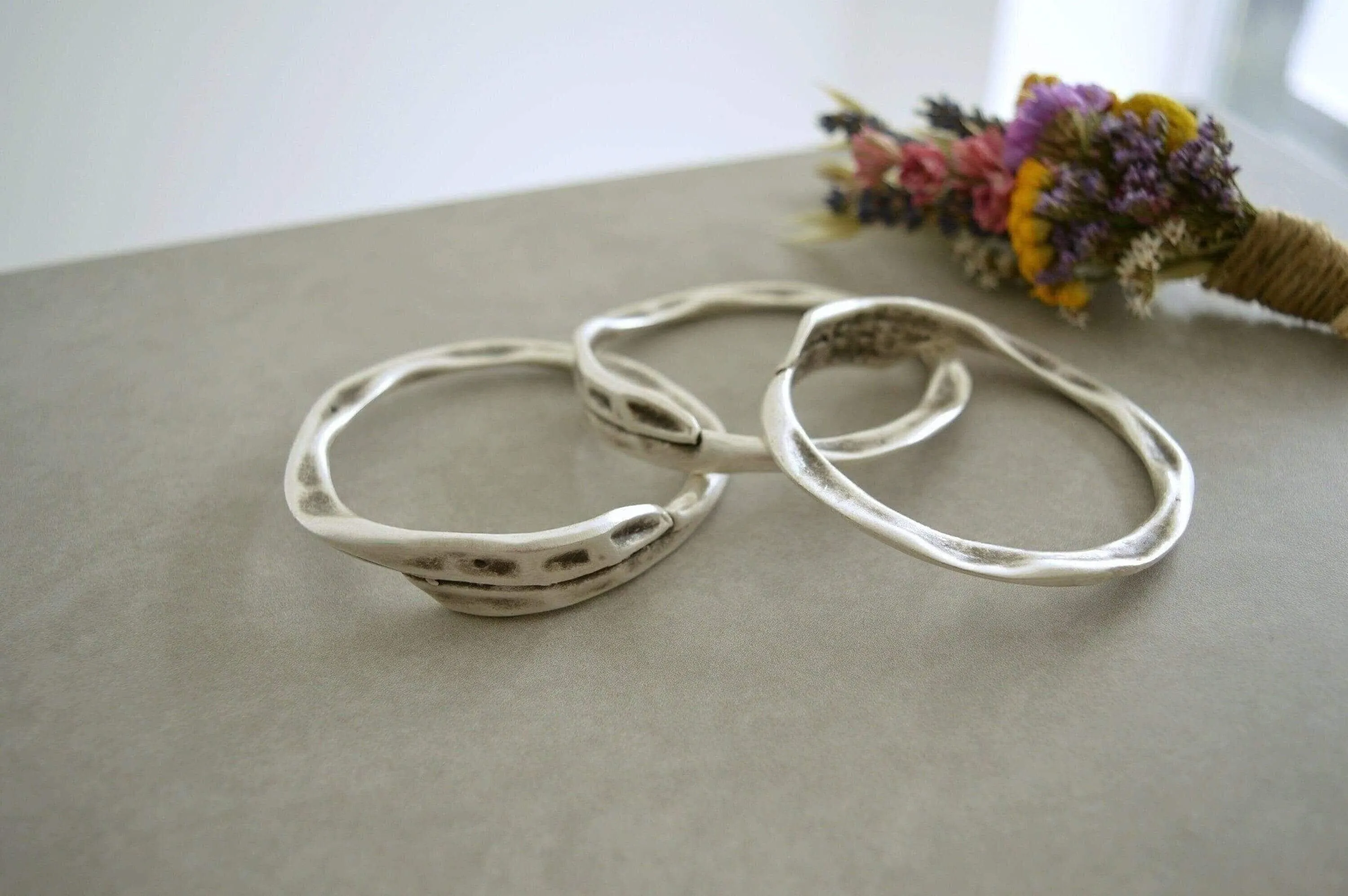 Silver Thick Round Hammered Bangle