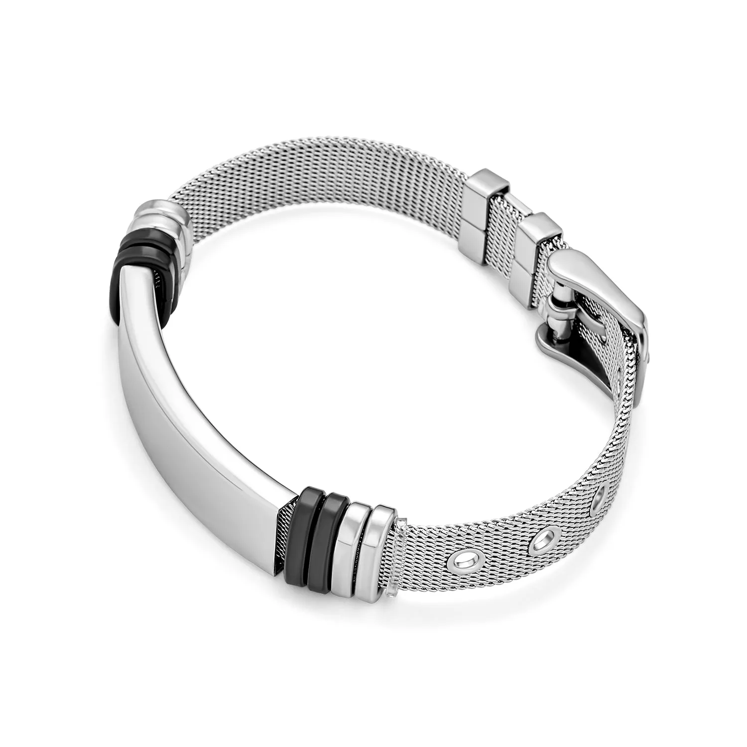 Silver Tone Stainless Steel ID Bracelet for Men with Mesh Band and Name Tag