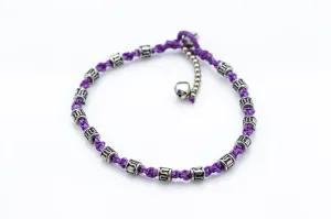 Silver Tube Braided Waxed String Anklet in Purple