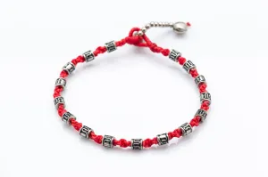 Silver Tube Braided Waxed String Anklet in Red