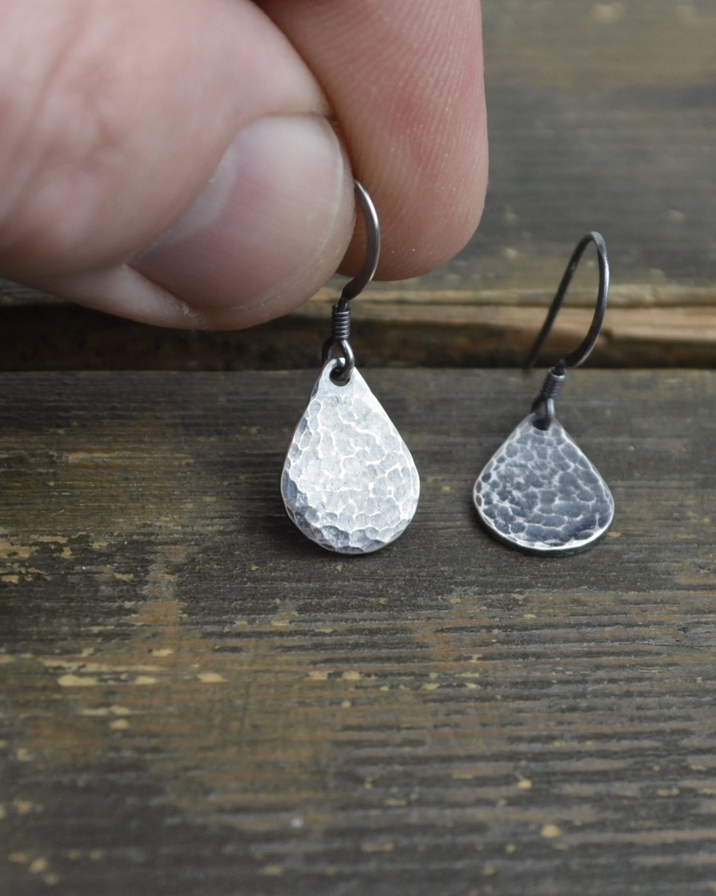 Simple oxidised silver hammered teardrop earrings, raw sterling silver, minimalist earrings