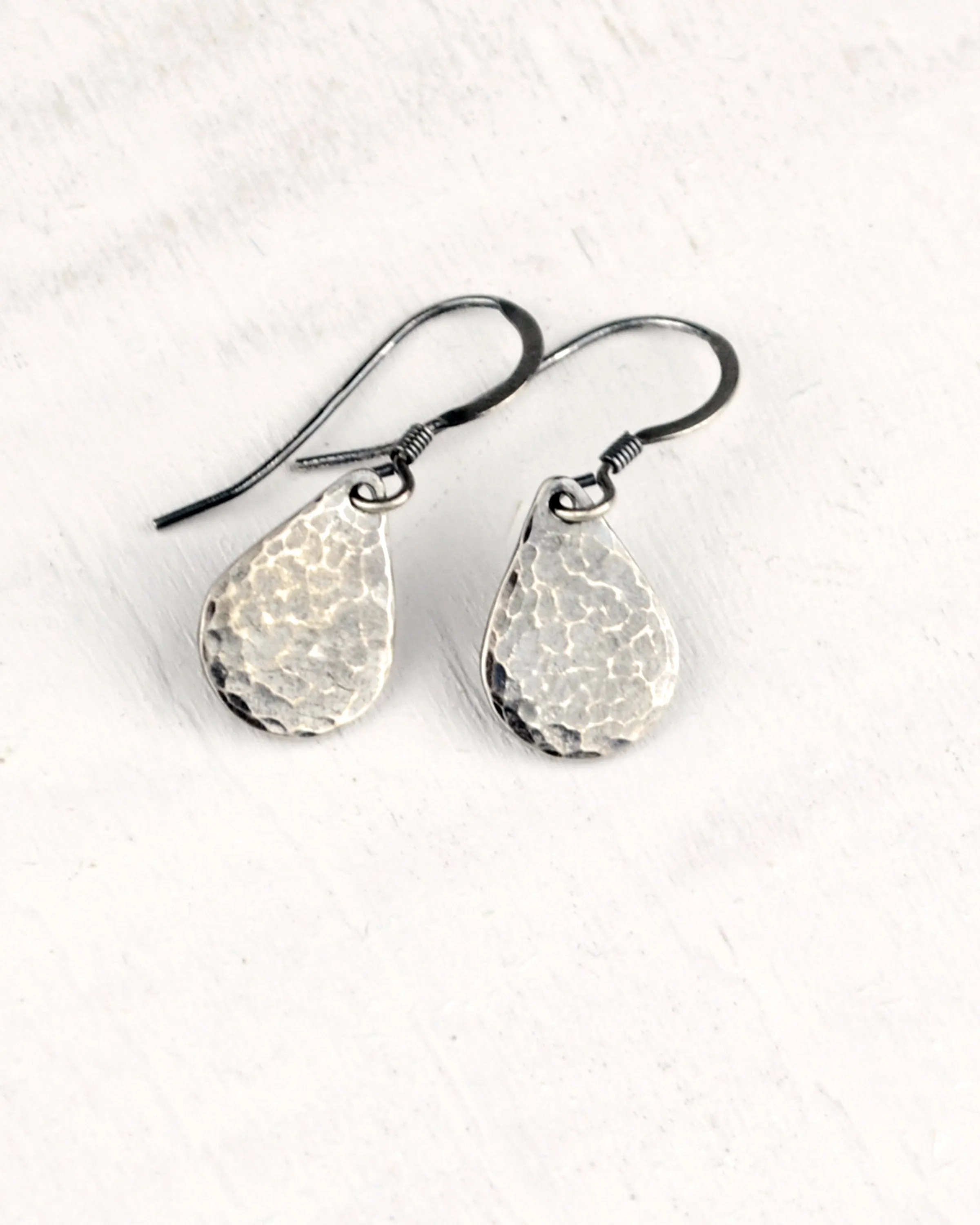 Simple oxidised silver hammered teardrop earrings, raw sterling silver, minimalist earrings