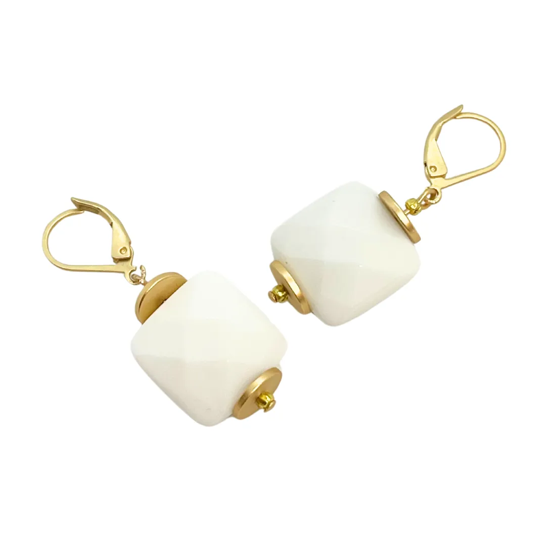 Square White Jade Lever Back Earrings