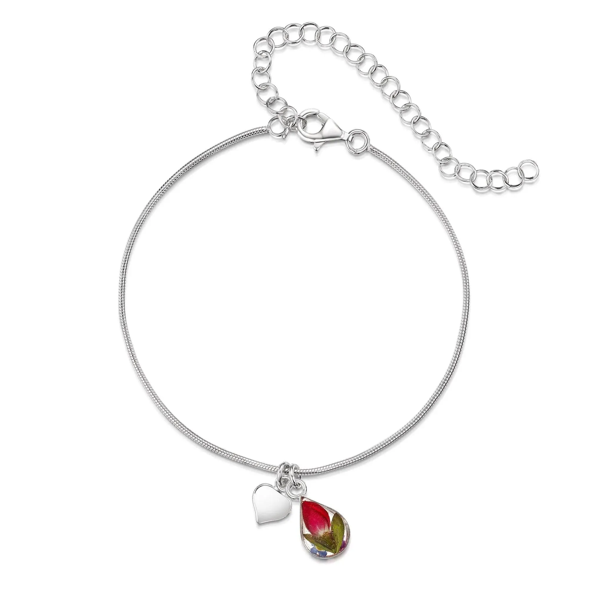 Sterling silver snake chain anklet or bracelet for large wrist, with real flowers in a teardrop charm by Shrieking Violet