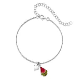 Sterling silver snake chain anklet or bracelet for large wrist, with real miniature rose flowers in a teardrop charm by Shrieking Violet