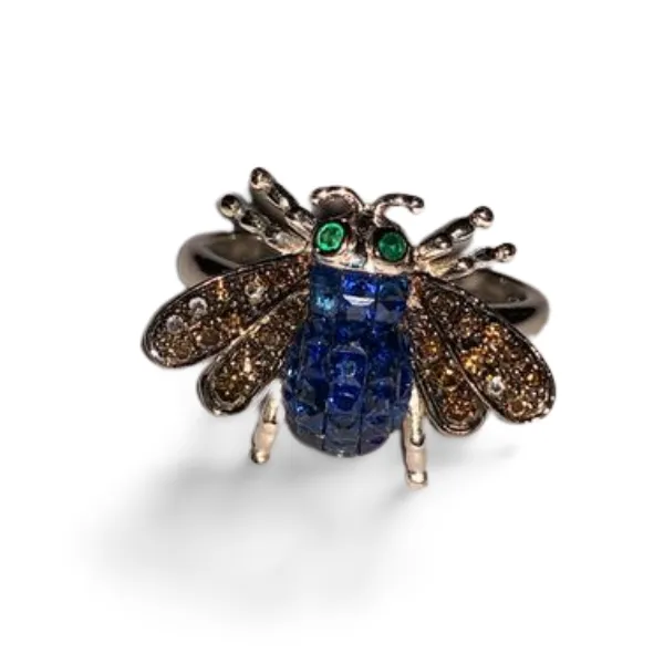 Stunning 18K White Gold Sapphire Champagne Diamond Emerald Bee Fly Ring