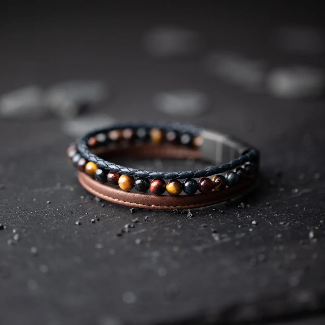 Triple bracelet with 6mm Tiger Eye stone and Nappa leather