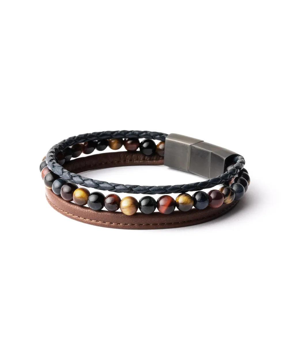 Triple bracelet with 6mm Tiger Eye stone and Nappa leather