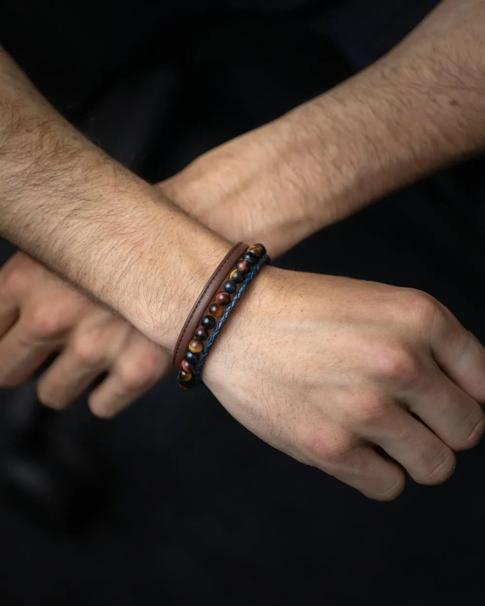 Triple bracelet with 6mm Tiger Eye stone and Nappa leather