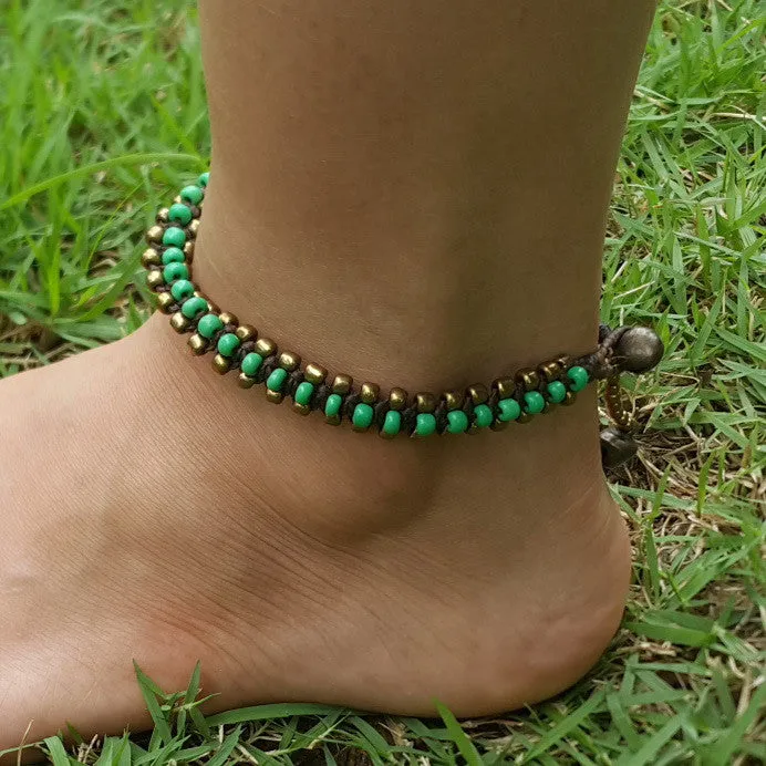 Triple Brass Beads Anklet with Green Beads