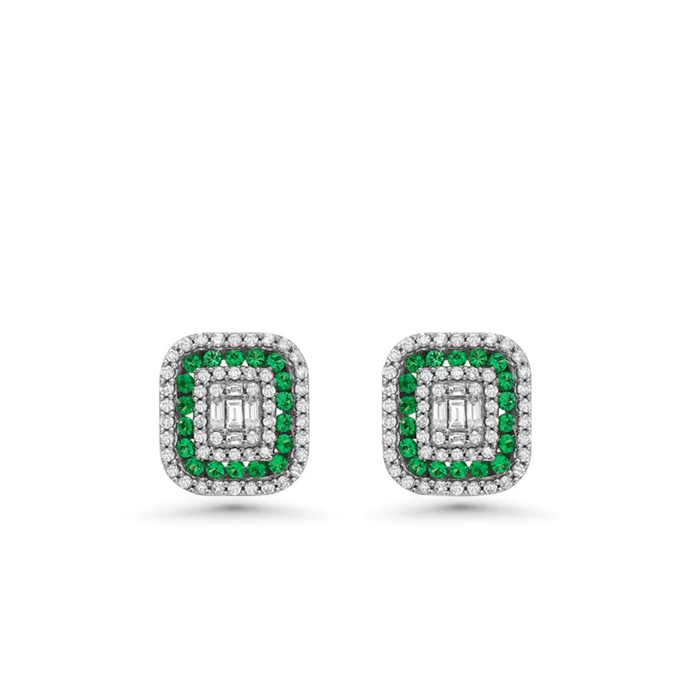 Triple Halo Diamonds & Emerald Rectangular Shape Studs Earrings (1.00 ct.) in 14K Gold