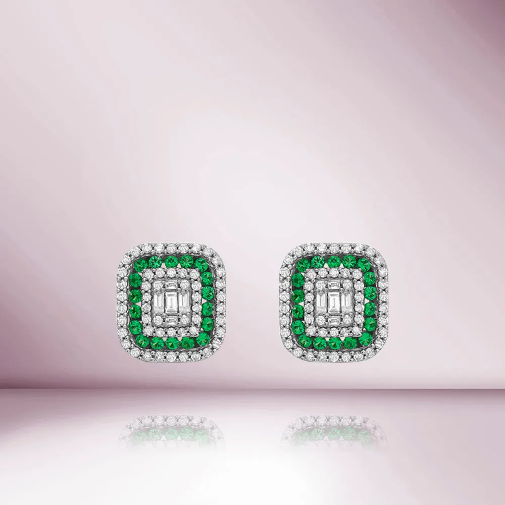 Triple Halo Diamonds & Emerald Rectangular Shape Studs Earrings (1.00 ct.) in 14K Gold