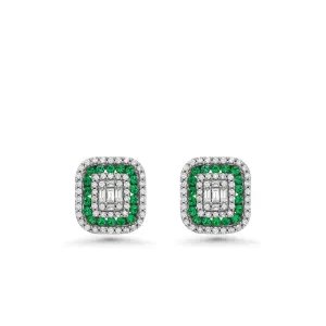 Triple Halo Diamonds & Emerald Rectangular Shape Studs Earrings (1.00 ct.) in 14K Gold