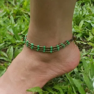 Triple Strands Brass and Color Beads Anklets in Green