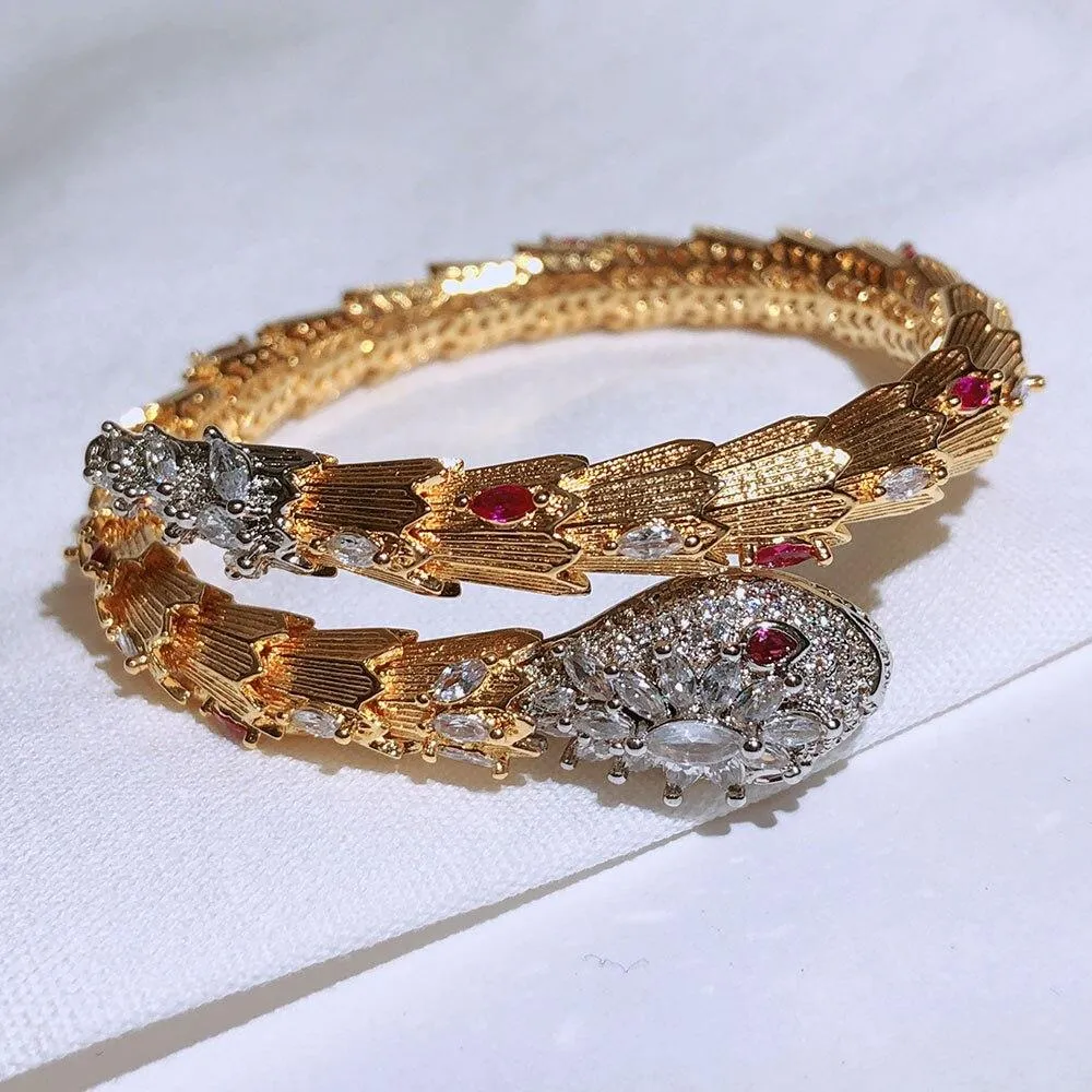 Women Red Green Eyes Gold Opening Snake Zircon Bracelet