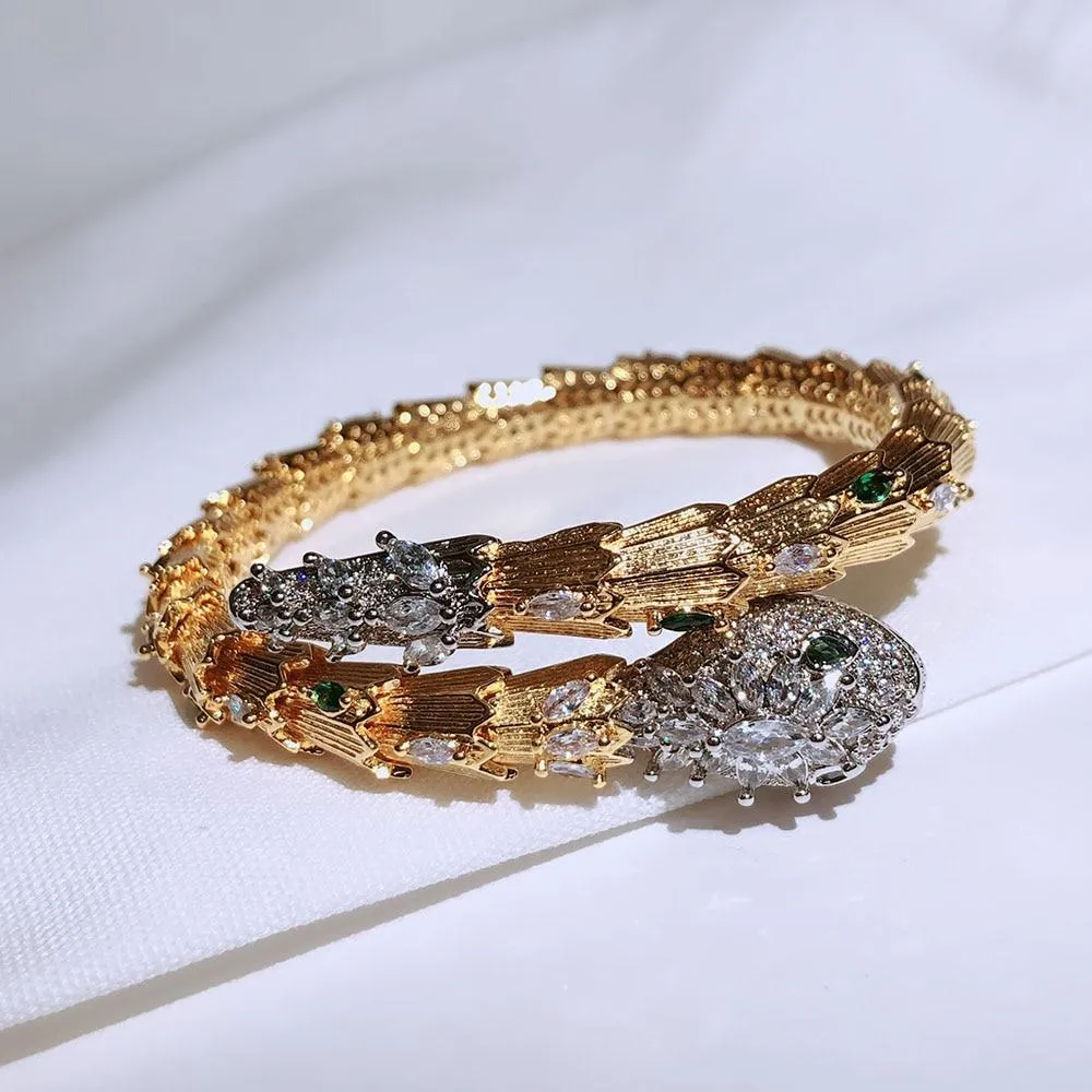 Women Red Green Eyes Gold Opening Snake Zircon Bracelet