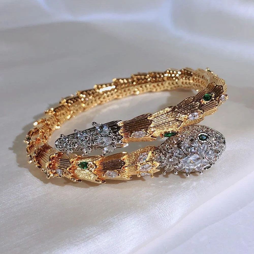 Women Red Green Eyes Gold Opening Snake Zircon Bracelet