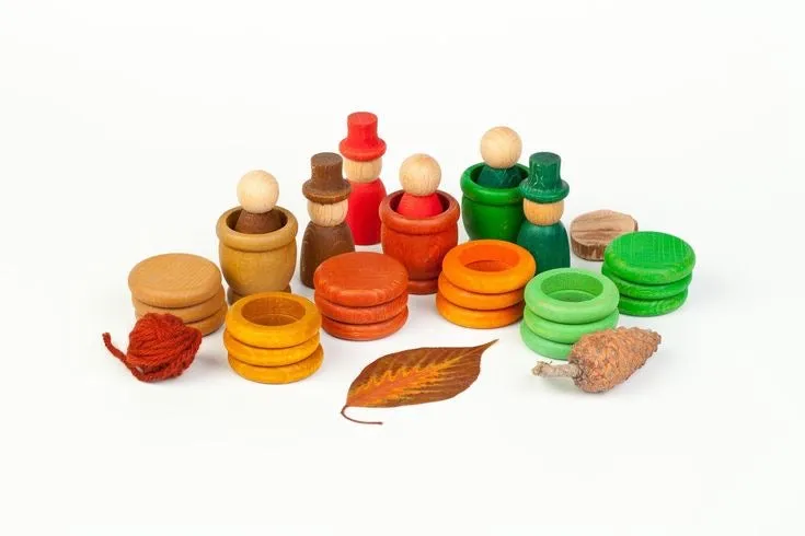 Wooden Peg Dolls, Rings, Coins & Cups Set - Four Seasons